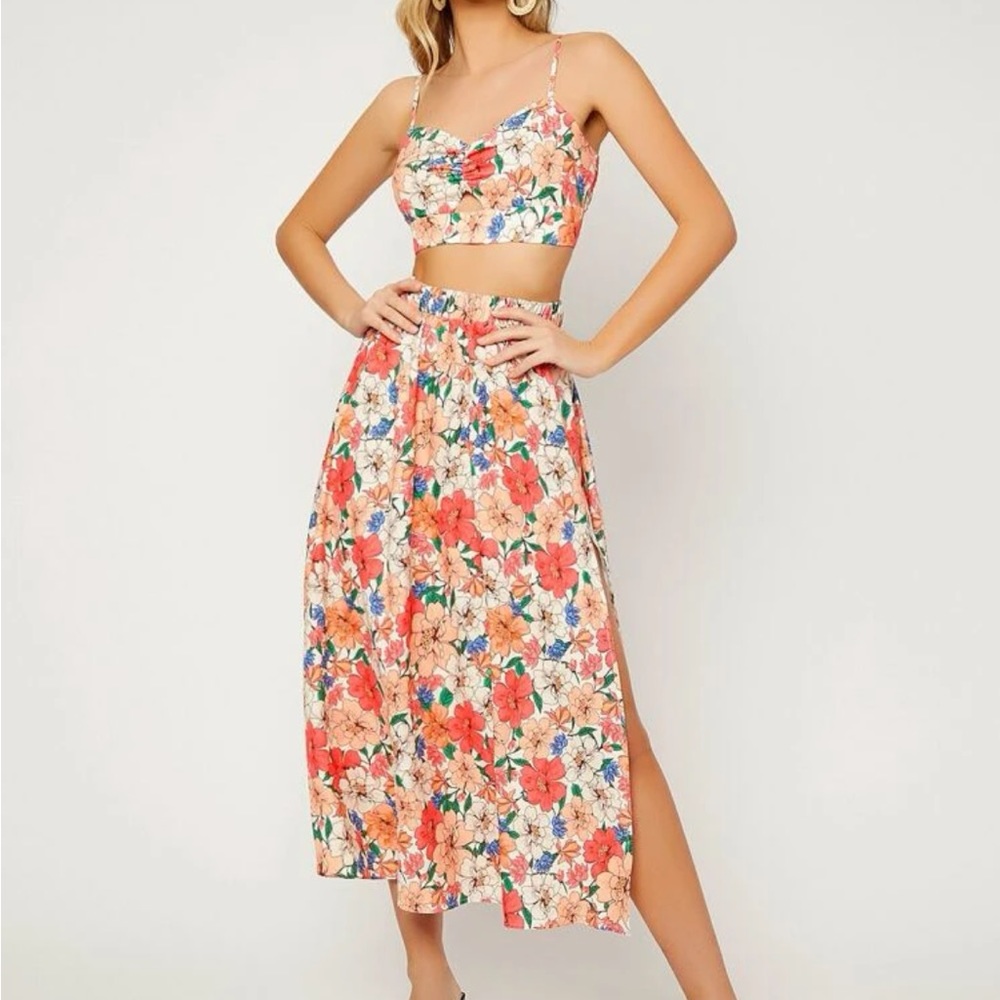 Shein Floral Print Shirred Tie Back Cami Top & Skirt